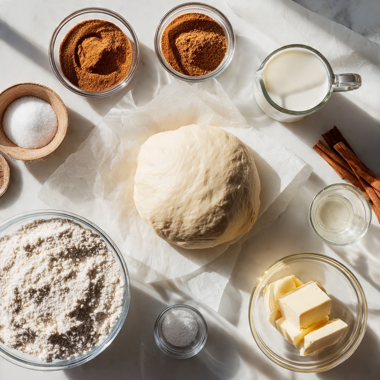 This image shows a close-up of a cinnamon roll loaf with multiple thick layers stacked side by side, each layer golden brown with a soft texture and speckled with cinnamon. A shiny, creamy white icing is drizzled over the top, covering the rolls unevenly and adding a glossy look, with some glaze dripping down the sides. The cinnamon roll loaf rests on a sheet of parchment paper, which has some cinnamon and glaze spots around the base, alongside two cinnamon sticks placed near the front. The background and surface are a white marbled texture, giving a clean and bright feeling. Photo taken with an iphone --ar 4:5 --v 7