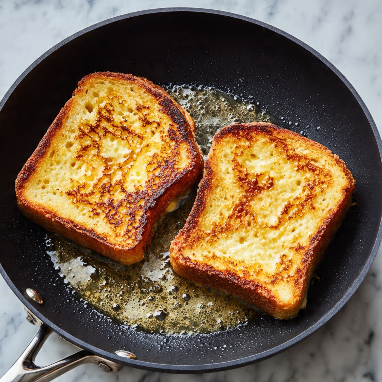 Two slices of golden brown French toast with bubbly textures and slightly crispy edges are being cooked in a black frying pan. The bread has some light and darker brown spots from frying, and shiny melted butter surrounds the slices, adding a slight gloss. The black pan’s silver handle is visible, and the pan sits on a white marbled surface. photo taken with an iphone --ar 4:5 --v 7