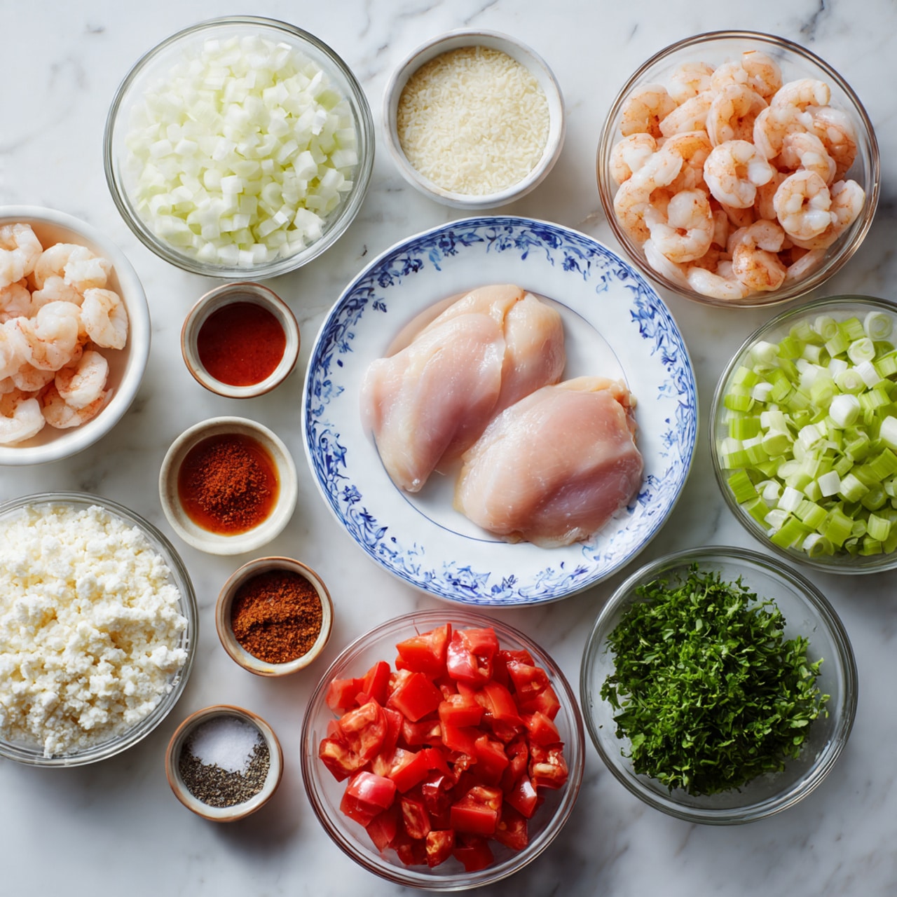 The image shows several clear glass bowls and one white plate with blue rim, all arranged neatly on a white marbled surface. The white plate holds two raw, pale pink chicken pieces placed side by side near the top center. Surrounding it are clear bowls filled with chopped and sliced ingredients: orange-brown slices of sausage to the right, white shrimp below the chicken, finely chopped white onion to the right of shrimp, green celery pieces next to the onion, and white riced cauliflower on the left. Below the cauliflower, there is a small bowl with whole garlic cloves, and next to it smaller bowls with reddish-brown paprika and a reddish hot sauce. Near the bottom left corner is a bowl of bright red chopped bell pepper, and beside it a tiny bowl with salt and black pepper. A bowl of diced red tomatoes is placed near the bottom right, next to which is a bowl of finely chopped green parsley. Each bowl is clearly labeled with black text naming its contents, laid out orderly on the smooth white marbled background. photo taken with an iphone --ar 4:5 --v 7