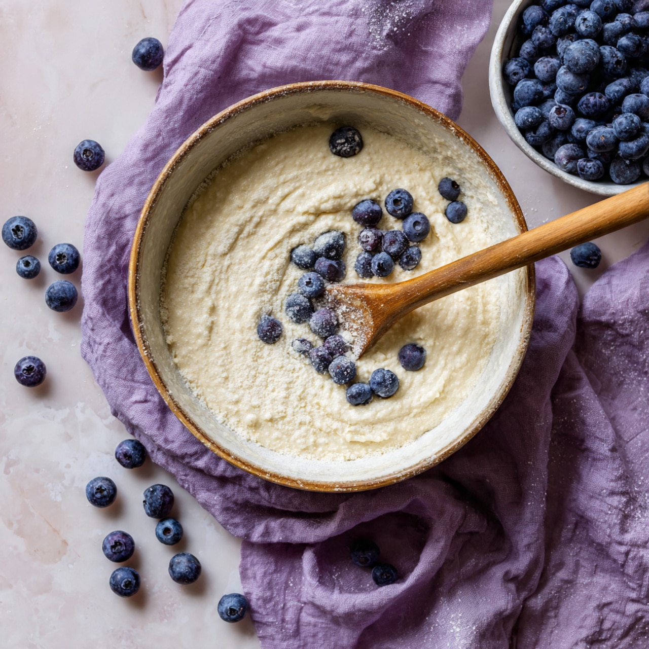 The image shows a top view of a bowl filled with thick, light beige batter mixed with whole blueberries, giving a speckled dark blue and creamy texture across the surface. The batter is slightly uneven, with some blueberries peeking out more prominently. A wooden spoon rests inside the bowl on the right side, partially submerged in the batter. Around the bowl on a soft purple cloth and white marbled surface, blueberries are scattered loosely. In the top right corner, there is a white bowl full of fresh blueberries against the same white marbled texture background. Photo taken with an iphone --ar 4:5 --v 7