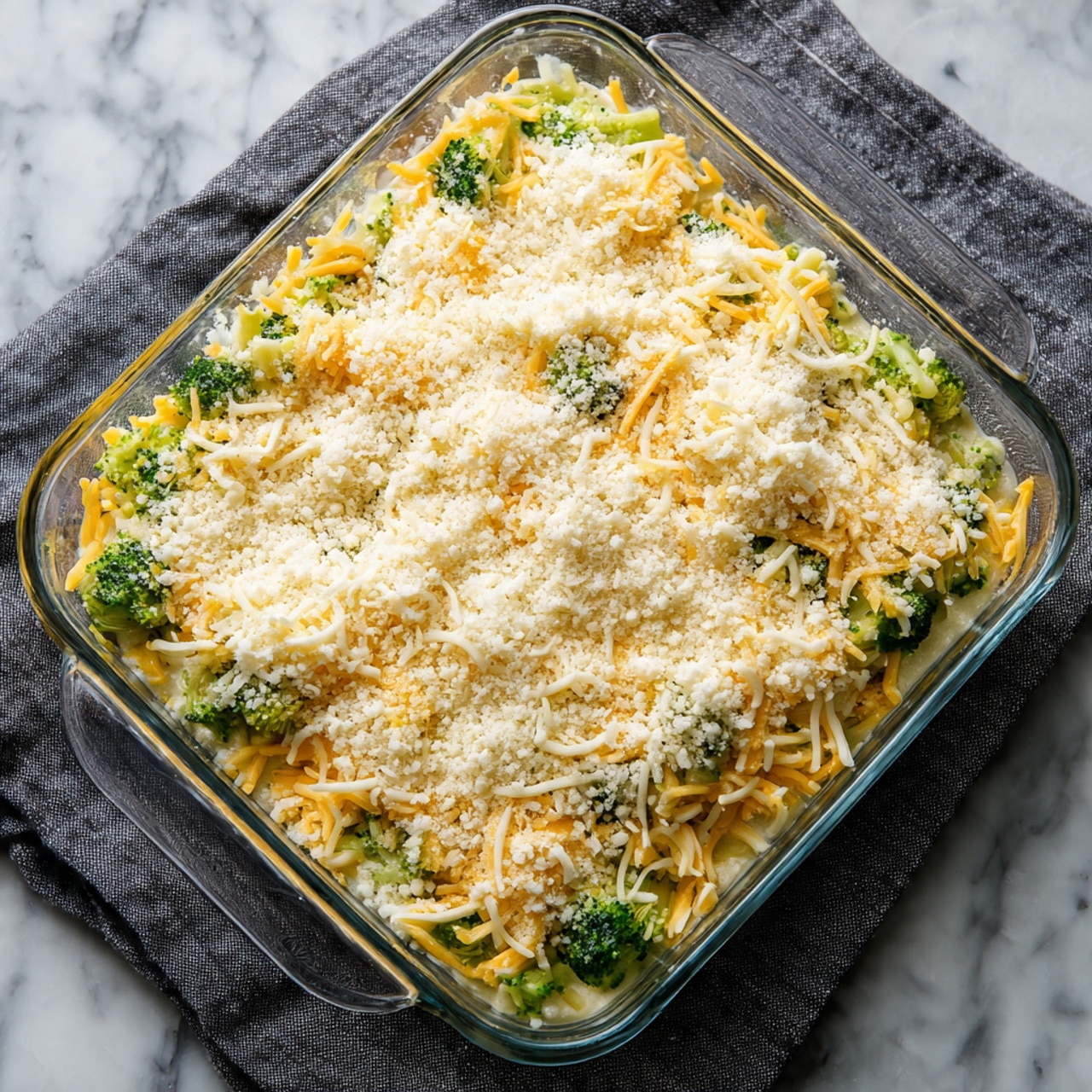 A clear glass baking dish filled with a layered broccoli casserole. The base layer consists of bright green broccoli pieces, partially visible under a thick layer of shredded yellow cheddar cheese. On top, a generous, even layer of white breadcrumbs covers the cheese, adding a grainy texture. The casserole is set on a white marbled surface with a dark grey cloth underneath the dish photo taken with an iphone --ar 4:5 --v 7
