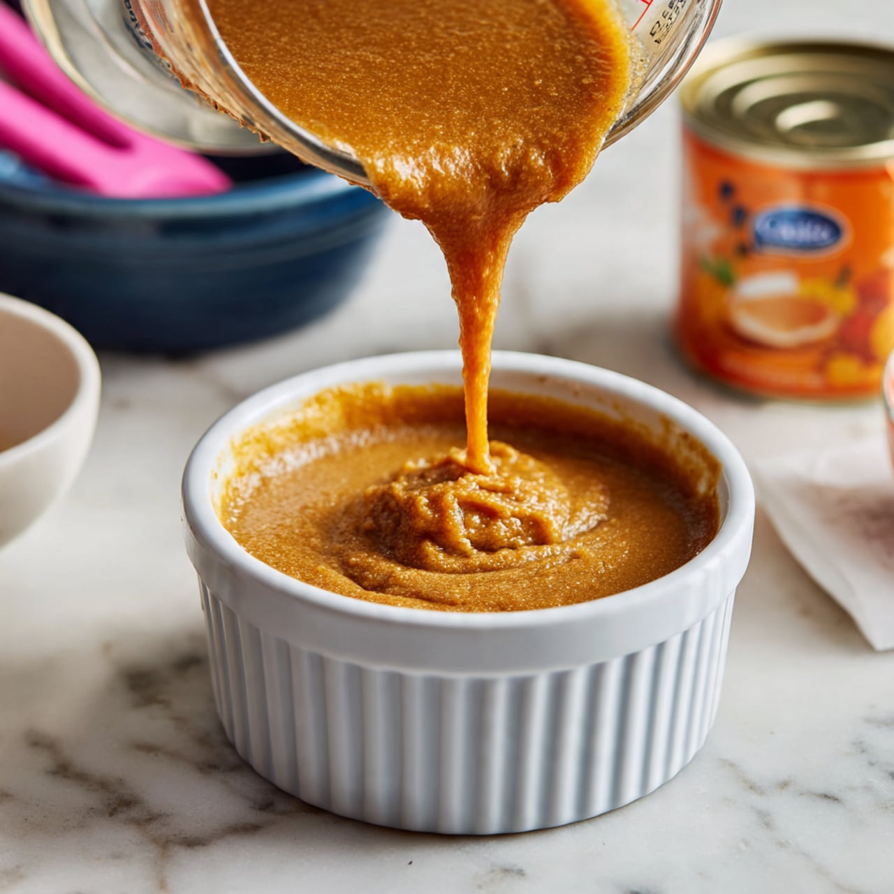 A white ceramic ramekin holds a single layer of light brown pumpkin batter with a smooth and slightly thick texture. Above it, a glass measuring cup is pouring more of the same batter, showing a flowing stream and some small lumps. In the background, there is an orange can of pumpkin puree, a white bowl with a pink measuring spoon on top, and a dark blue container, all placed on a white marbled surface. photo taken with an iphone --ar 4:5 --v 7