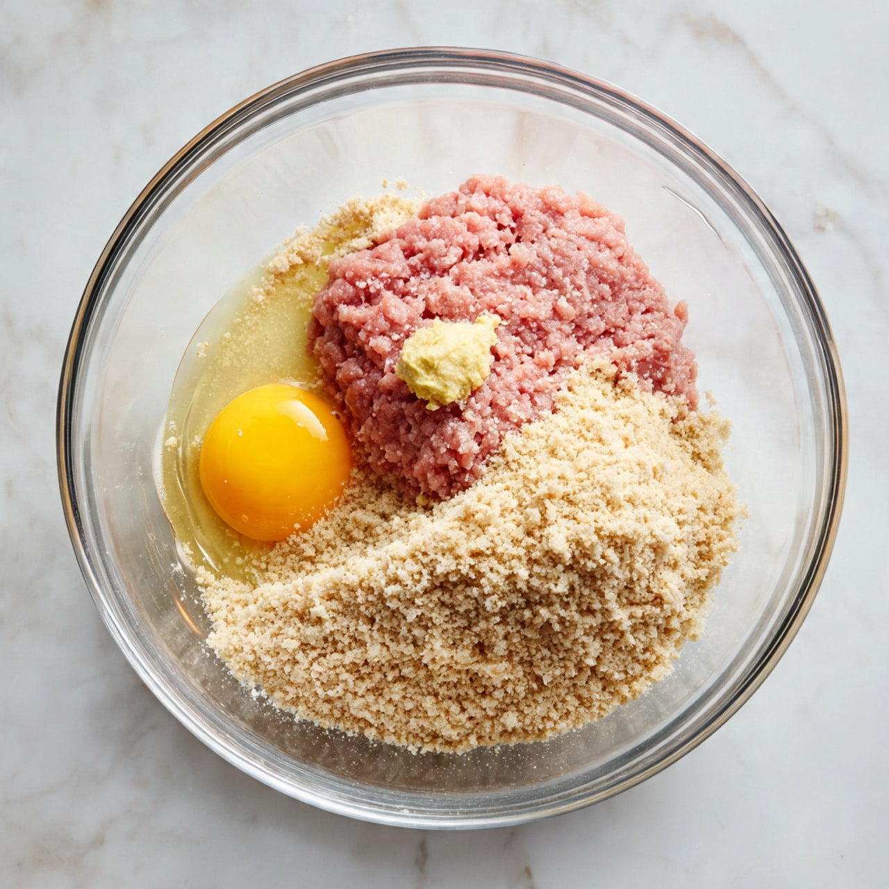 A clear glass bowl sits on a white marbled surface. Inside the bowl, there are four main layers: a raw pink ground meat layer formed into a thick square taking up most of the center, to the right of the meat is a large mound of light beige breadcrumbs with a crumbly texture, on top of the meat near the breadcrumb is a small dollop of pale yellow mustard, and to the left of the meat is a single raw egg with a bright yellow yolk and translucent whites surrounding it. Photo taken with an iphone --ar 4:5 --v 7