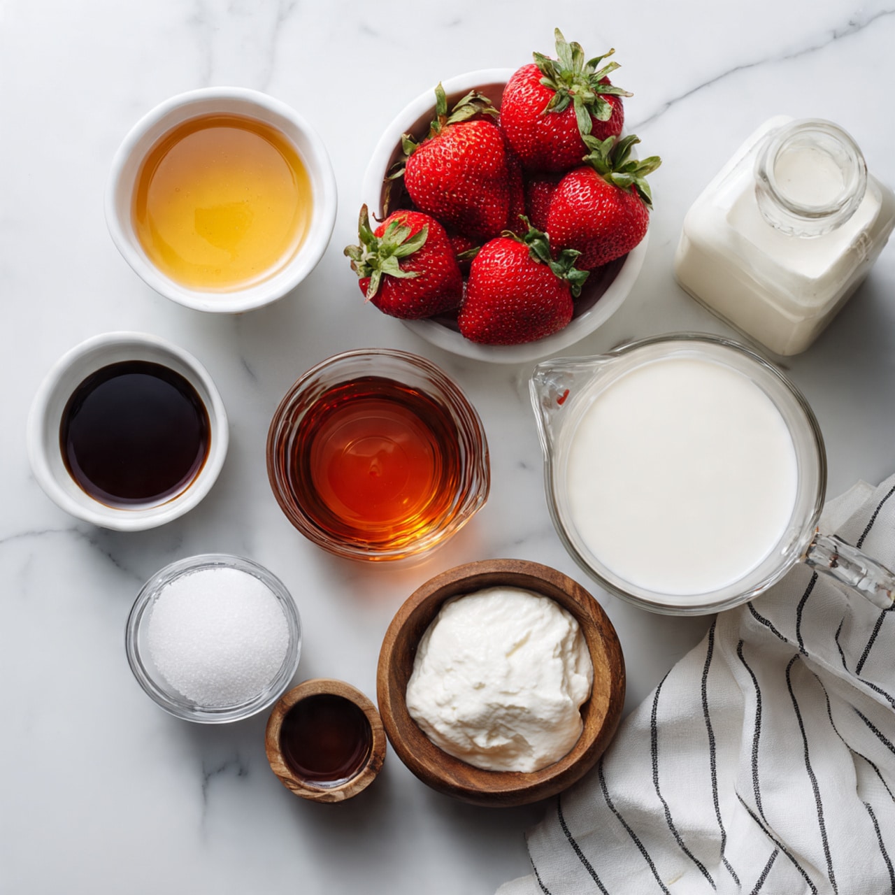 The image shows six white bowls arranged on a white marble surface. Four bowls are filled with a light creamy liquid, while two are empty near the bottom of the picture. A large white pan with a wooden handle, filled with the same light creamy liquid, is at the bottom left. A woman's hand holds a metal ladle pouring the creamy liquid into one of the filled bowls near the top right. Next to the pan is a gray and white striped cloth. The overall scene has a soft, clean look with a focus on the smooth, creamy texture of the liquid. Photo taken with an iphone --ar 4:5 --v 7