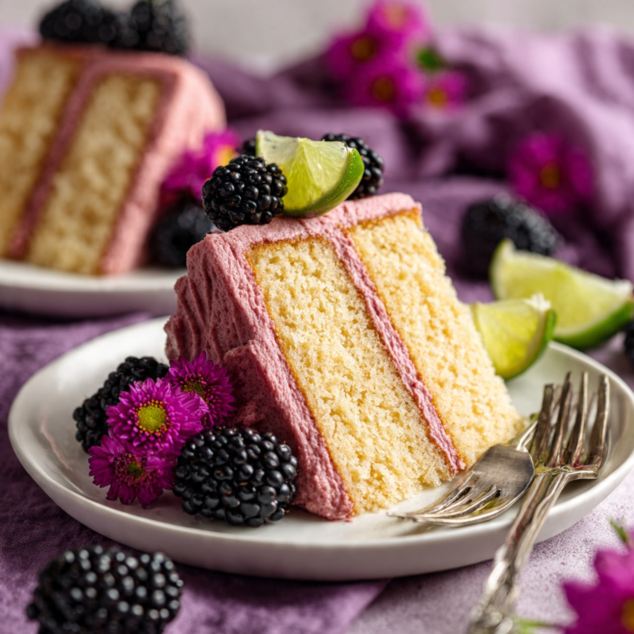 This image shows a two-layer yellow cake with pink frosting between the layers and all over the outside. The top of the cake is decorated with blackberries, small lime wedges, and pink frosting swirls. One slice is on a small white plate in front of the full cake, with a blackberry on the plate near the slice’s base. The cake sits on a white cake stand with a wooden pedestal. Around the cake are purple flowers, half and whole limes, a small plate of blackberries, and a stack of white plates with another slice of cake. The background and surface are white marble, and there is a maroon cloth near the back. photo taken with an iphone --ar 4:5 --v 7