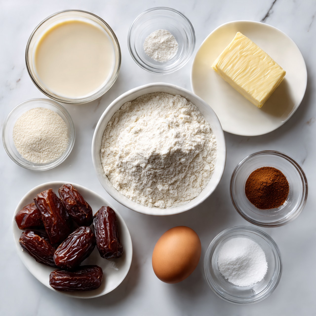 The image shows a collection of ingredients arranged on a white marbled surface. There is a large white bowl filled with white flour placed near the center. Around it, from top left going clockwise, are a creamy beige container with a white liquid, a clear glass bowl with white powder, a small white plate holding a slab of yellow butter, a single brown egg resting on the surface, a small white bowl containing white salt and a brown spice, a small clear glass of white sugar, and a group of dark brown dates with a glossy, wrinkled texture in the bottom left corner. photo taken with an iphone --ar 4:5 --v 7