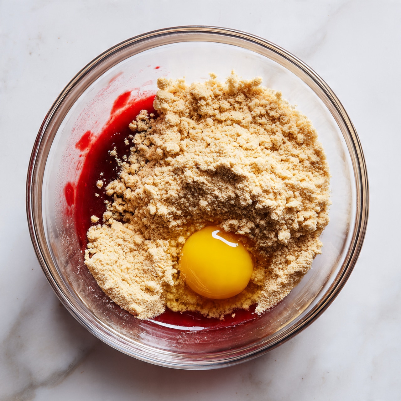 A clear round glass bowl sits on a white marbled surface, filled with multiple layers of ingredients before mixing. The bottom layer is a mix of red strawberry sauce and a slightly darker syrup pooling unevenly. On top of that, there is a raw yellow egg yolk nestled in the center right. Covering most of the bowl is a generous pile of light brown powder, coarse in texture, scattered unevenly but mostly covering the other ingredients beneath. Photo taken with an iphone --ar 4:5 --v 7