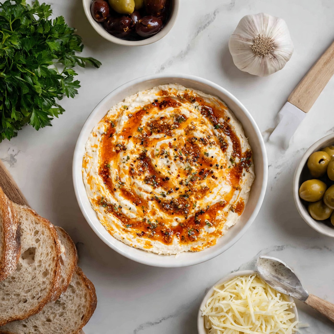 The image shows a white bowl with two main layers of dip inside: a creamy white base layer swirled with a bright orange-red sauce layered on top in a marbled pattern with some black pepper sprinkled over it; a white spatula with a wooden handle rests inside the bowl on the right side. Around the bowl, there is a sliced rustic bread with a brown crust on the left, a small white bowl of mixed green and dark olives at the top left, a bunch of fresh green parsley at the top right, a whole garlic bulb below the parsley, and two small white bowls at the bottom filled with finely shredded white cheese. The setting is on a white marbled surface. Photo taken with an iphone --ar 4:5 --v 7