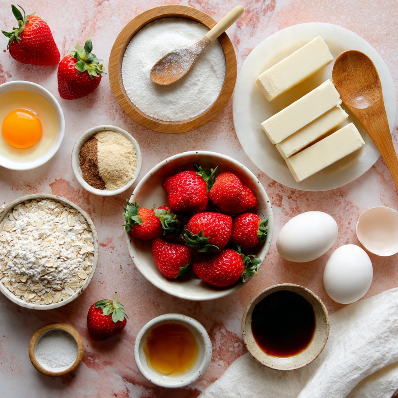 The image shows a flat lay of baking ingredients arranged on a white marbled surface with a pink tone. There is one white shallow bowl in the center filled with bright red strawberries, fresh and shiny with green leaves on top. To the top right of the strawberries is a white plate holding six pieces of off-white butter squares. Near it, a small cup contains a raw egg yolk and white. Around these, various small white bowls and a wooden bowl hold white sugar, brown sugar, oats, salt, and a white powdery substance. A wooden spoon with some flour is placed near the oats bowl. Two strawberry fruits are on the surface next to the bowls. At the bottom, a small white cup contains a light brown liquid, likely vanilla extract. White eggshells and a white cloth are at the patch on the right side of the image. The photo was taken with an iphone --ar 4:5 --v 7