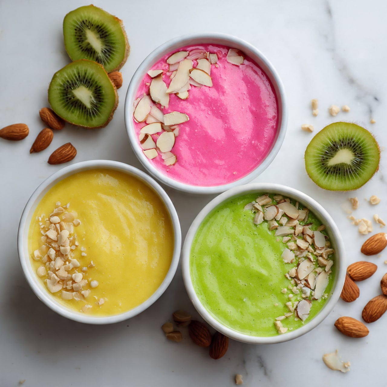 The image shows three white bowls of smoothie bowls on a white marbled surface. The first bowl in the front has a creamy yellow base topped with sliced almonds, blueberries, shredded coconut, mango pieces, and chia seeds. The second bowl in the middle has a bright pink base with layered toppings of granola, blueberries, sliced strawberries, a single raspberry, shredded coconut, and a drizzle of nut butter with a spoon placed in it. The third bowl at the back contains a green smoothie topped with blueberries, raspberries, granola, sliced kiwi, and chia seeds. Around the bowls, there are small white bowls holding sliced kiwi, sliced almonds, and other fruit or nut toppings scattered on the surface, with a glimpse of a woman's hand holding a small bowl on the side. The photo is taken with an iphone --ar 4:5 --v 7