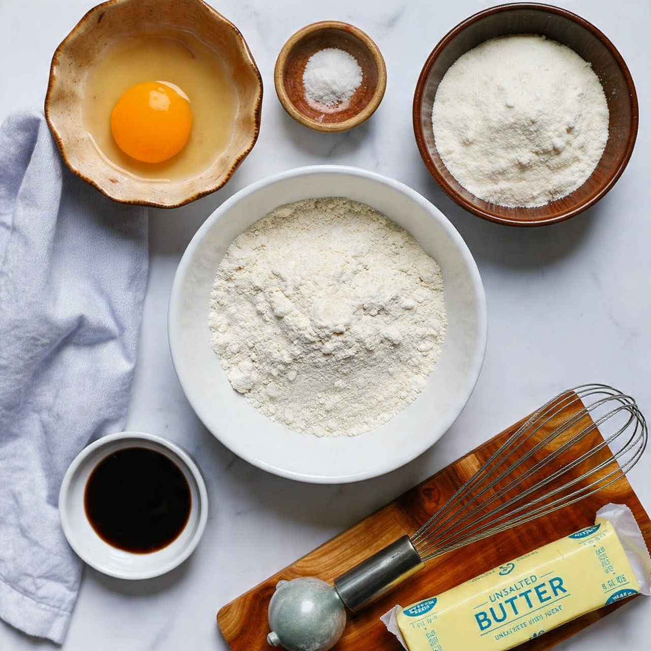 A top view of baking ingredients arranged on a white marbled surface, featuring a central white bowl full of white flour with a slightly rough texture, surrounded by five smaller dishes. Above it is a brown-speckled scalloped bowl holding a raw egg with a bright orange yolk and clear egg white. To the right is a round brown-speckled bowl filled with fine white powdered sugar. Below that, part of a wooden board with a metal whisk rests partially out of frame. To the bottom right, a wrapped stick of unsalted butter with clear text lies flat. At the bottom left, a small white dish contains a dark brown liquid, likely vanilla. A tiny brown-speckled bowl of coarse white salt is positioned above the flour bowl. The colors range from warm beige to white with touches of yellow and dark brown. The scene is softly lit to highlight the textures and colors of the baking elements photo taken with an iphone --ar 4:5 --v 7