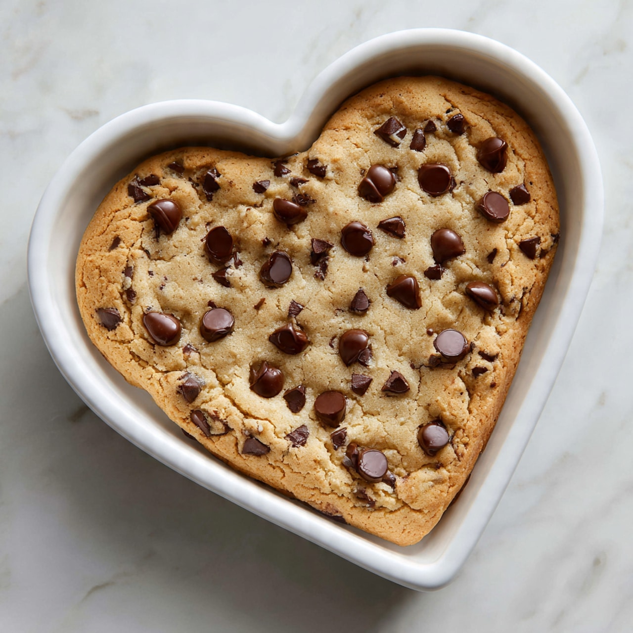 A heart-shaped large cookie with a light golden brown baked surface dotted all over with small, shiny, dark chocolate chips. The cookie has a slightly raised, uneven texture with a soft, doughy look and crispy edges that are a deeper brown color. It rests inside a white ceramic heart-shaped pan, placed on a white marbled surface. photo taken with an iphone --ar 4:5 --v 7