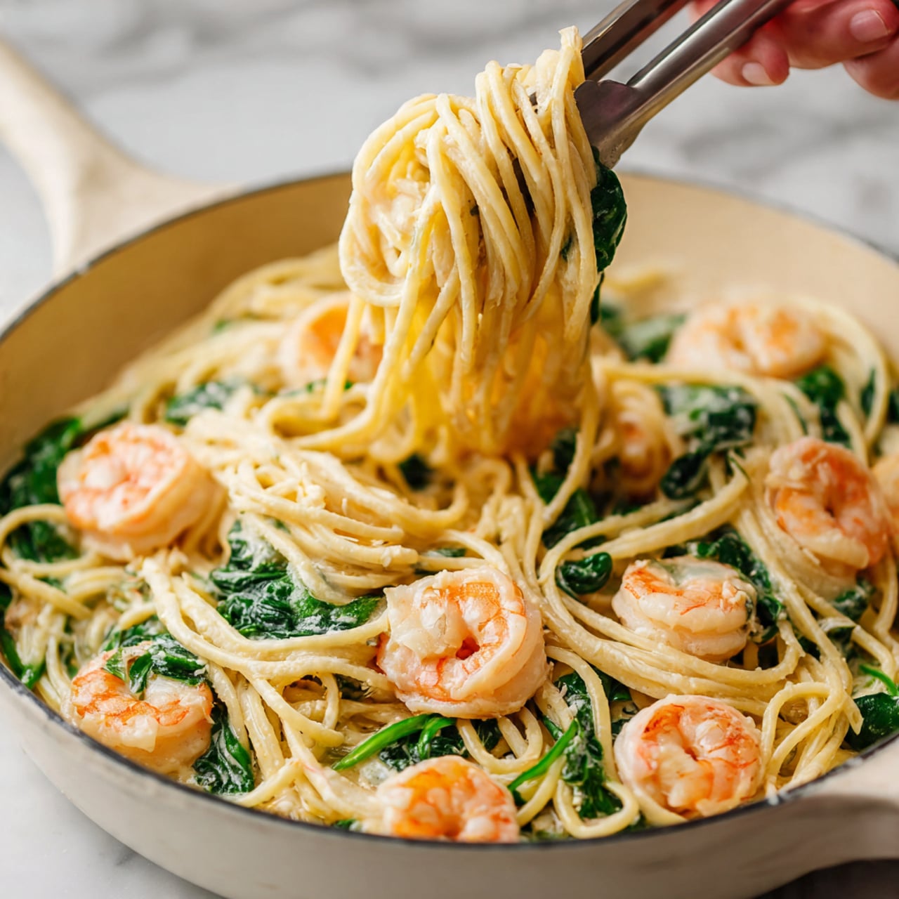 A close-up view of a cooked shrimp pasta dish in a white pan on a white marbled surface. The dish shows a mix of light yellow spaghetti noodles coated in a creamy sauce, tangled with green spinach leaves. Several plump, pale orange shrimp are scattered around the pan, semi-covered by the sauce and noodles. A woman's hand is lifting a bundle of noodles with tongs, creating a sense of movement as the noodles appear soft and slightly shiny from the sauce. photo taken with an iphone --ar 4:5 --v 7