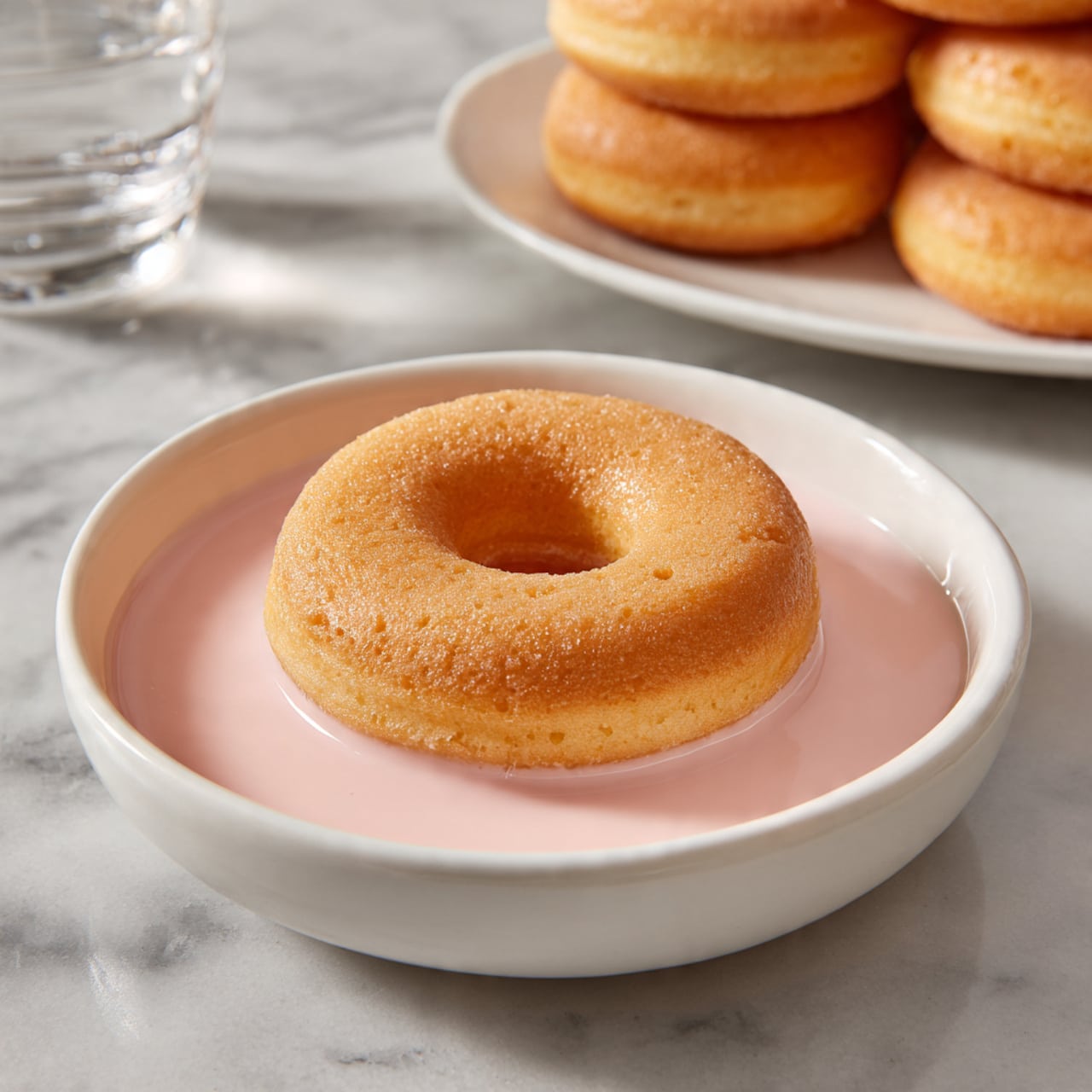 A single donut with colorful sprinkles is sitting in a shallow layer of smooth pink glaze inside a white bowl. The donut has a light gold color with small bits of red, blue, and green specks evenly spread throughout its surface. In the background on a white marbled surface, there is another donut with pink icing and bright multicolored sprinkles, slightly blurred. The scene is bright and clean, with soft natural light highlighting the textures of the donut and glaze. photo taken with an iphone --ar 4:5 --v 7