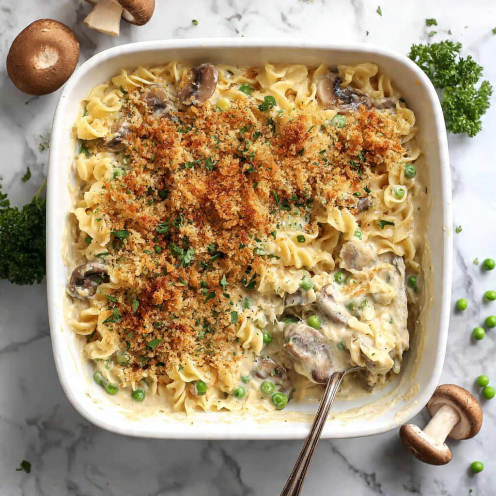Creamy Tuna Noodle Casserole with Mushroom and Parmesan Topping Recipe