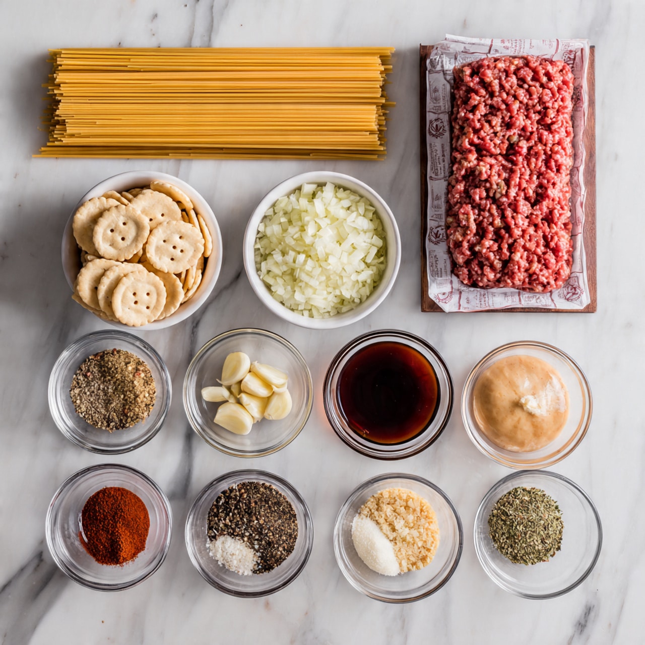 The image shows various ingredients laid out on a white marbled surface. At the top, there is a long rectangular box of spaghetti, a red and white wrapped package of ground beef, and a small can of tomato paste. Below these, in the middle row, there is a white bowl filled with finely chopped onions, a small glass bowl with a dark brown liquid, and another glass bowl with minced garlic. In the bottom row, there are several small glass bowls containing different spices, including a bowl with a reddish powder, another with mixed herbs, and one with a variety of spices like black pepper and paprika. There is also a bowl with a light brown liquid and another with a creamy white ingredient, possibly grated cheese. On the far left, a small glass bowl holds round oyster crackers. The image is bright and clear, with all items neatly arranged and spaced evenly. photo taken with an iphone --ar 4:5 --v 7