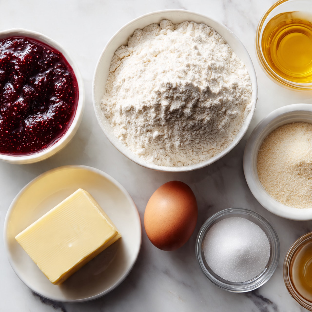 A white bowl full of white flour piled high sits on a white marbled surface next to a white bowl filled with dark red jam with visible seeds. Nearby there is a block of smooth, pale yellow butter, a brown egg with a smooth shell, a small clear glass bowl with a golden liquid, and another clear glass bowl filled with fine white sugar. All items are arranged neatly on the white marbled background. photo taken with an iphone --ar 4:5 --v 7