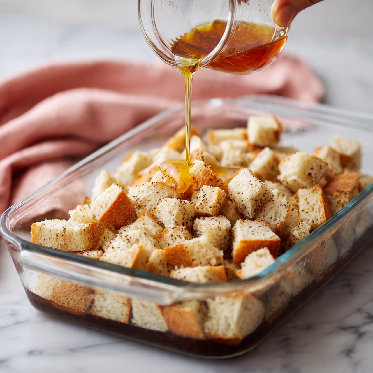 A clear glass baking dish filled with many small, light brown pieces of bread soaked in a dark liquid, showing a texture that looks soft and slightly spongy. A woman's hand is pouring a thick amber-colored syrup over the bread pieces, with the syrup forming a shiny stream that lands in the middle of the dish. The dish is placed on a white marbled surface. A white circle with the black number 3 is visible on the left side near the woman's hand photo taken with an iphone --ar 4:5 --v 7