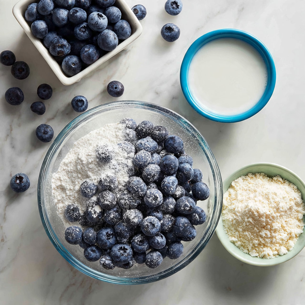 A clear glass bowl sits on a white marbled surface, filled with dark blue blueberries sprinkled with white powder, possibly flour, coating the berries lightly and resting unevenly underneath. To the top left of the bowl, there is a small white container filled with more fresh dark blue blueberries, some scattered on the surface nearby. At the top right, a small white bowl with a bright blue rim contains a white liquid, and next to it on the right, there is a small pale green bowl holding more white powder. The overall image shows a clean and fresh setup with a focus on the blueberries and powders. photo taken with an iphone --ar 4:5 --v 7