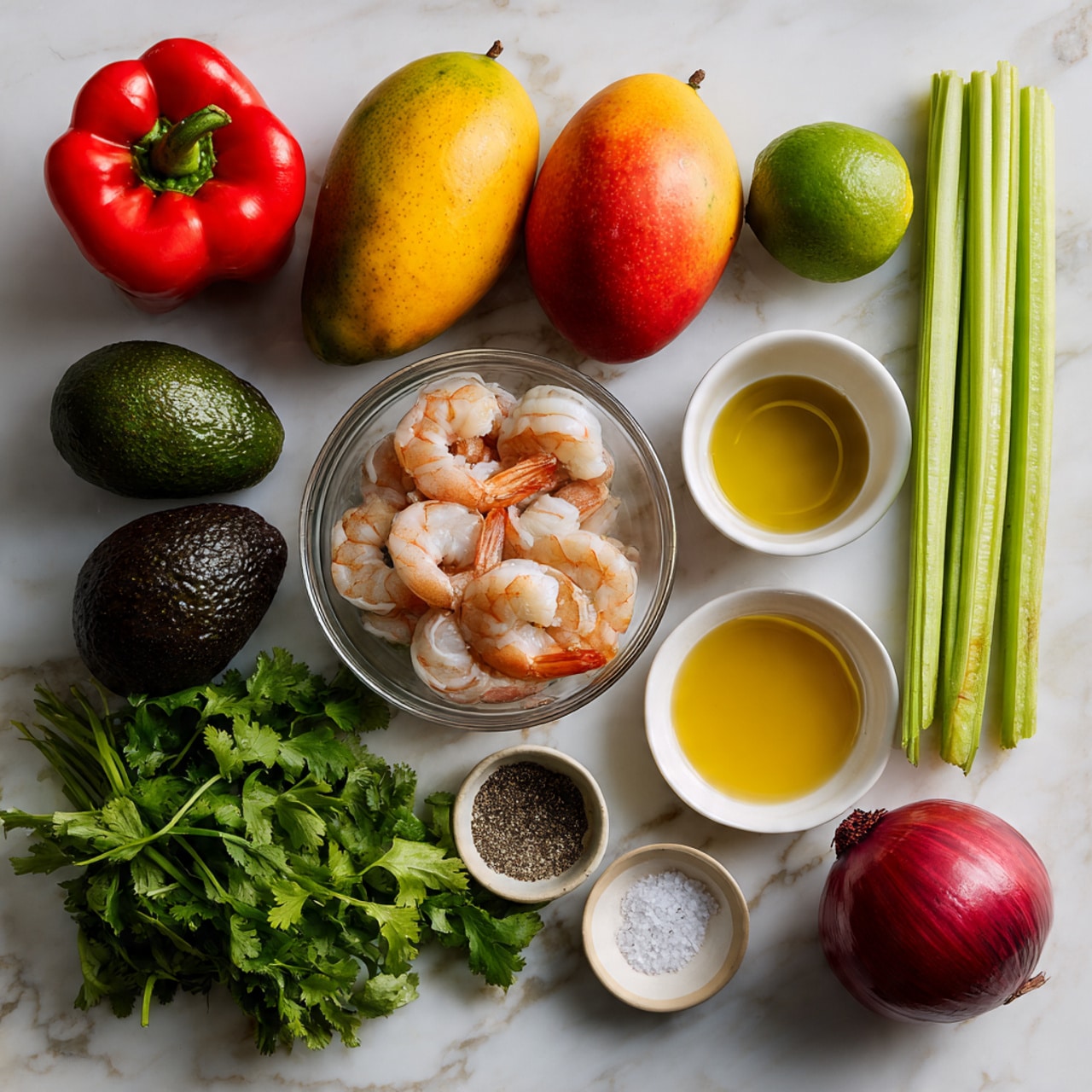 The image shows a collection of fresh ingredients arranged neatly on a white marbled surface. There is one large red bell pepper at the top left, two ripe mangos with yellow and red skin near the center, and a whole lime with bright green skin to the right. Below the bell pepper are two long green celery sticks side by side. At the bottom left, two dark green avocados rest next to a bunch of fresh green cilantro with leafy stems. A clear glass bowl filled with raw shrimp sits near the center right, while next to it are two small white bowls, one filled with golden olive oil and the other with light amber honey. Below the lime, a small round bowl holds salt and black pepper. At the bottom right corner lies a whole red onion with smooth skin. photo taken with an iphone --ar 4:5 --v 7
