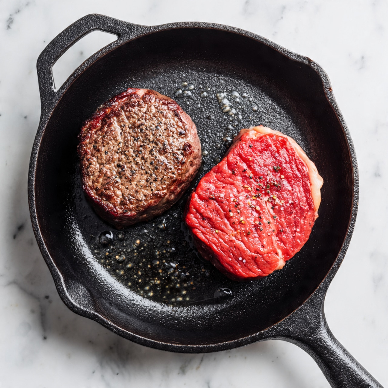 A black cast iron pan with a sturdy handle holds two thick round pieces of meat side by side. On the left, a dark brown cooked piece with a textured, slightly rough surface shows char marks. On the right, a raw piece of meat is bright red with white fat streaks and sprinkled with black pepper. The pan surface has a light coat of oil with small bubbles around the meat. The background is a white marbled texture. Photo taken with an iphone --ar 4:5 --v 7
