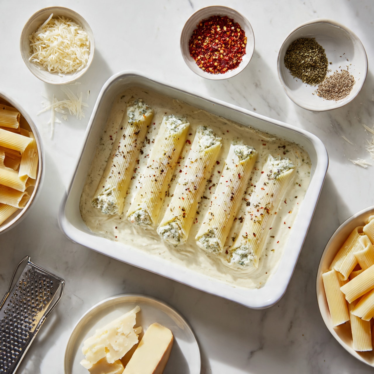 A white rectangular baking dish sits on a white marbled surface, filled halfway with a creamy, light beige sauce speckled with black pepper. Five long, ridged pasta tubes, each filled with a white and green ricotta mixture, are aligned horizontally near the top edge, partially submerged in the sauce. Around the baking dish are small white bowls containing red pepper flakes, dried herbs, and the ricotta filling. To the left is a bowl of uncooked pasta, and to the bottom left is a plate with chunks of pale yellow cheese next to a grater. To the right, there is a white plate holding more uncooked pasta tubes. The whole scene is bright and minimal with soft natural light. Photo taken with an iphone --ar 4:5 --v 7