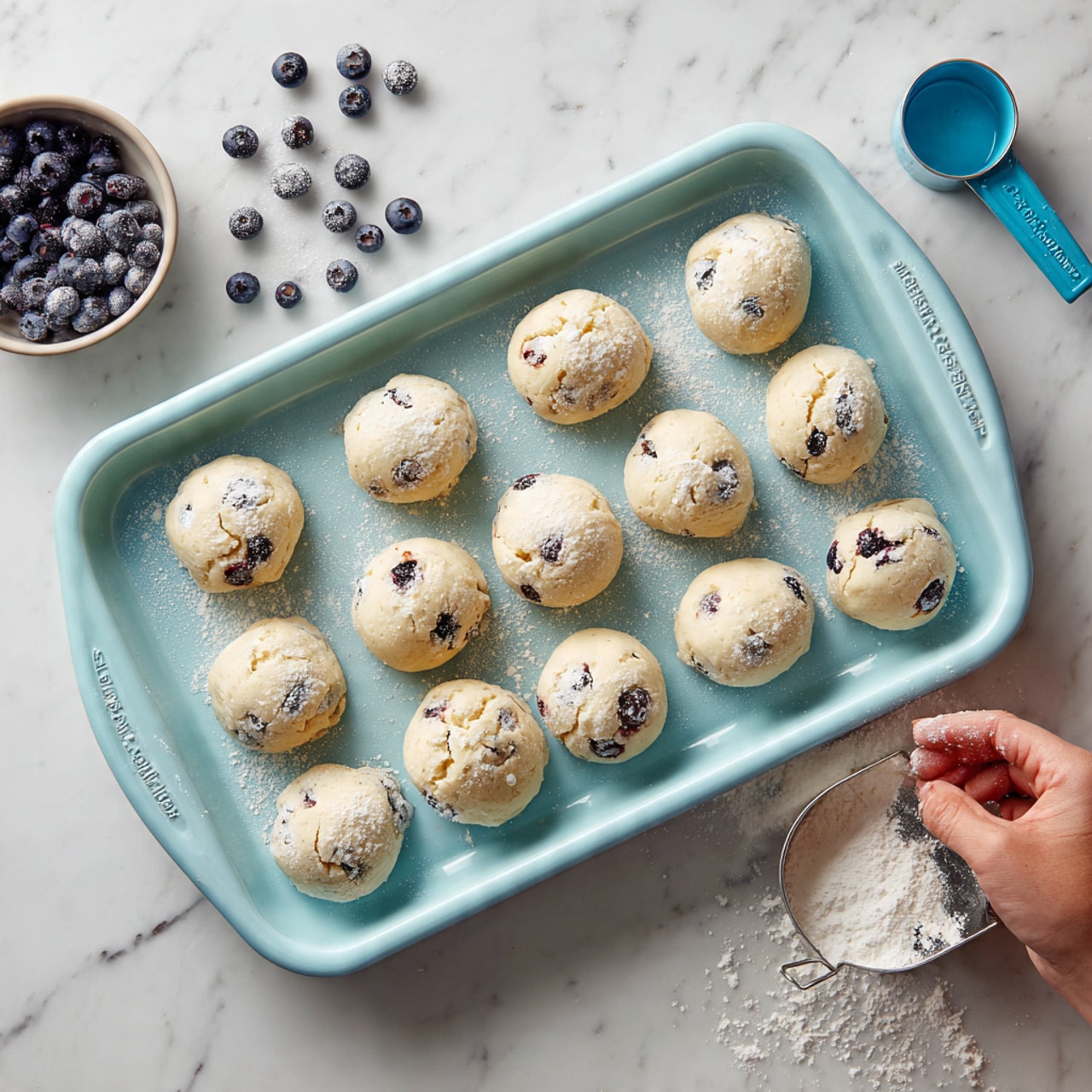 A stack of three thick blueberry scones is shown, each layer golden brown with visible dark purple blueberries baked inside. The top scone is being topped with white glaze dripping softly over the sides, making a shiny, smooth texture. Scattered around the base and on the scones are fresh blueberries. The scones sit on a white plate on a white marbled surface, and a woman's hand holds a white spoon pouring the glaze. In the blurred background, a blue container adds a pop of color. photo taken with an iphone --ar 4:5 --v 7