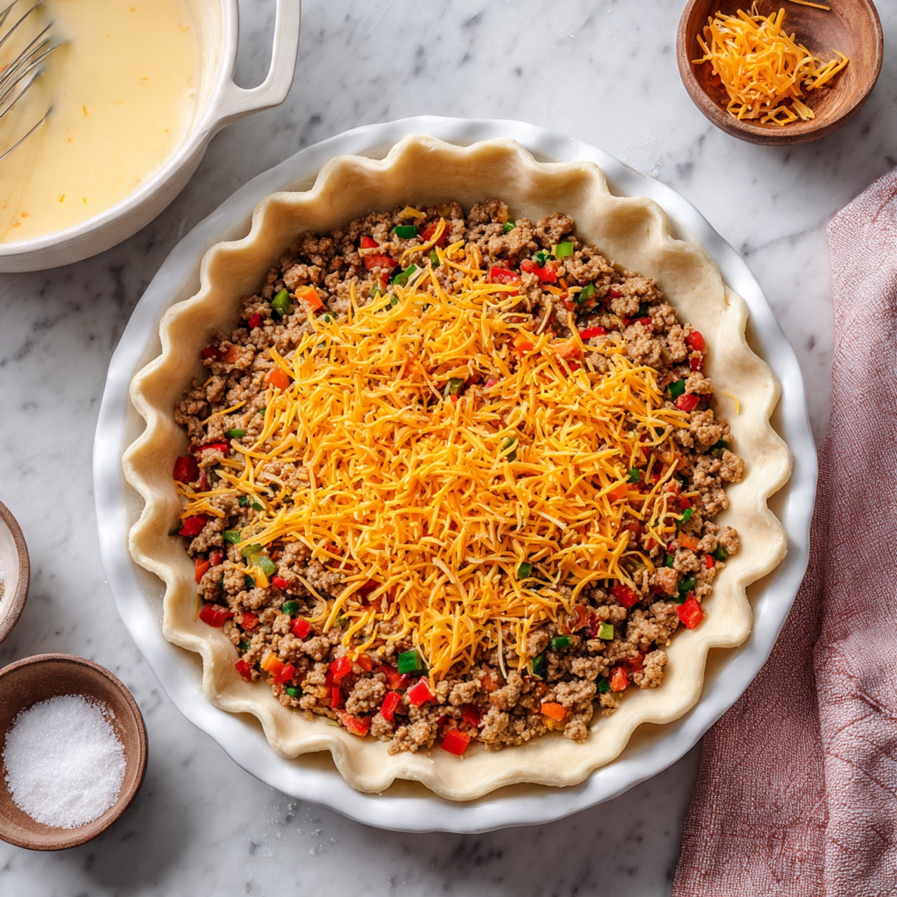 A white pie dish filled with a pie crust that has a wavy edge, containing a base layer of cooked ground meat mixed with small pieces of red and green bell peppers and onions, topped evenly with bright orange shredded cheddar cheese. The dish is placed on a white marbled surface, with part of a white cast iron dish, a beige bowl with a whisked egg mixture, and a small bowl of salt visible nearby. A soft pink cloth is partially seen in the lower right corner. photo taken with an iphone --ar 4:5 --v 7