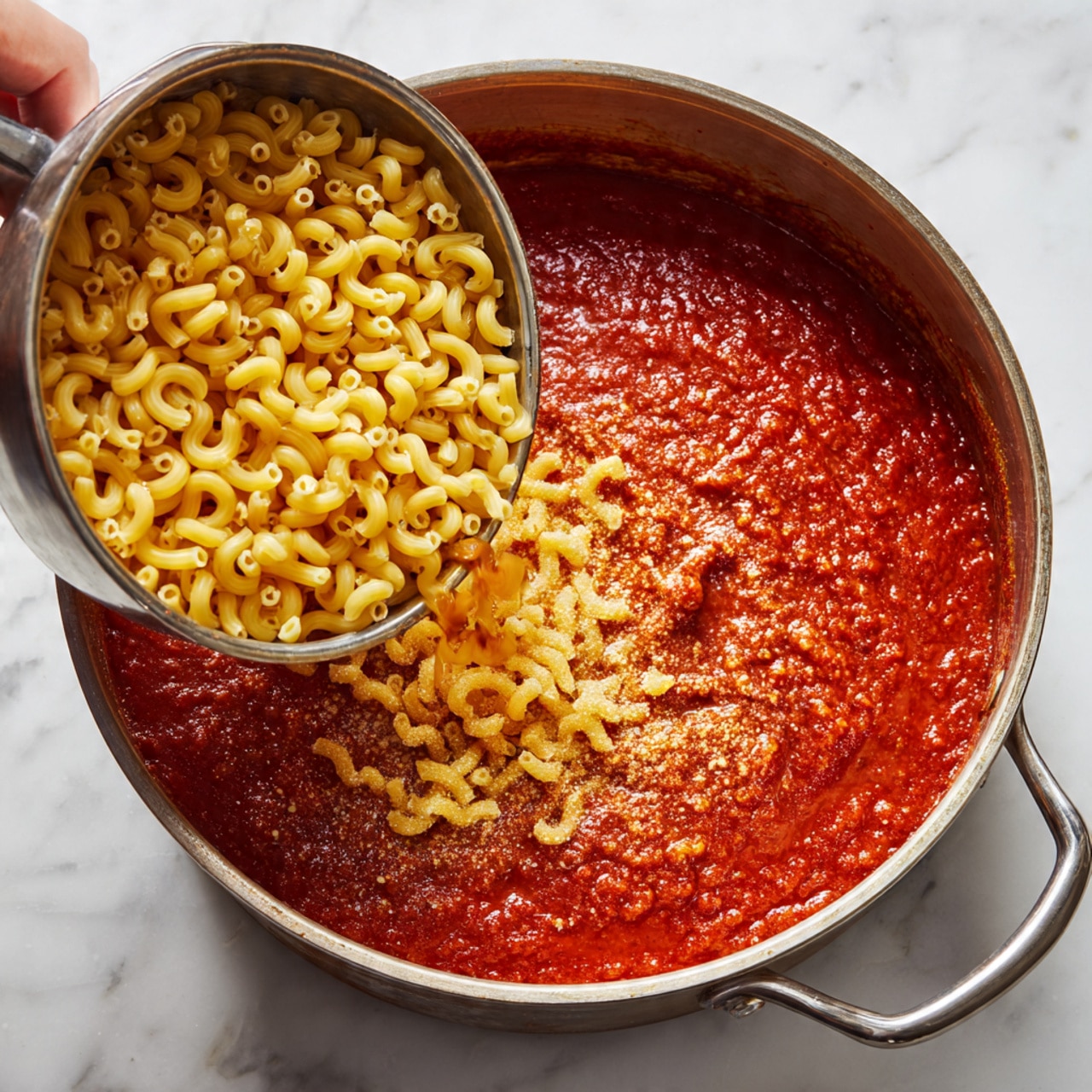 A large silver pan with two handles sits on a white marbled surface, filled halfway with rich red tomato sauce mixed with small bits of ingredients inside. A woman's hand is pouring a metal measuring cup full of small, yellow uncooked elbow macaroni into the sauce, the macaroni forming a crescent shape over the red liquid. The texture of the sauce looks smooth with some grainy bits, while the pasta is dry and shiny with a slight curve. The scene is lit well, showing the contrast between the bright yellow pasta and deep red sauce. photo taken with an iphone --ar 4:5 --v 7