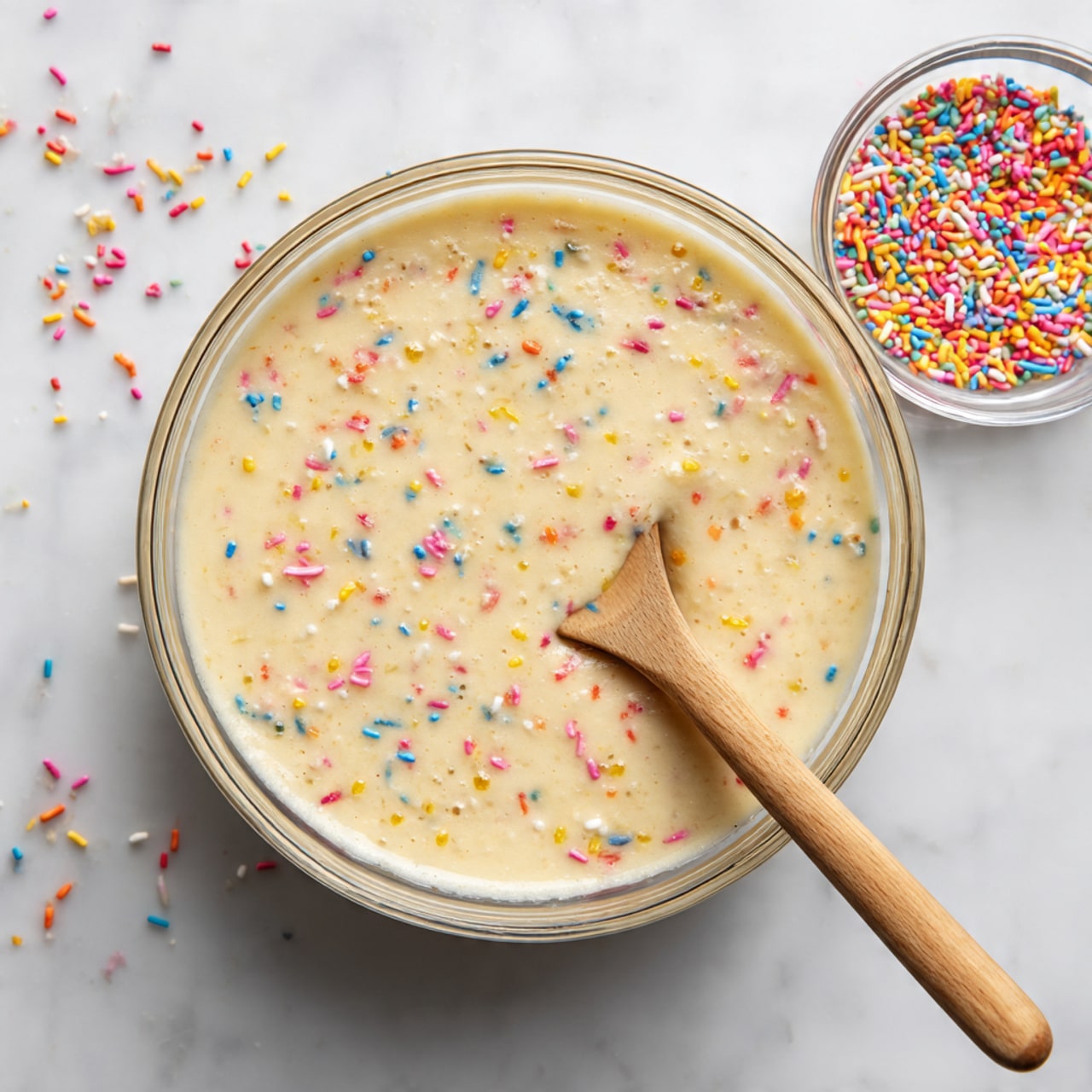 A clear glass bowl filled with a creamy beige batter mixed with colorful sprinkles is shown from above. The batter has a smooth but slightly textured surface with scattered tiny bits of red, yellow, blue, and pink sprinkles throughout. A wooden spoon rests inside the bowl, partially submerged in the batter, with the spoon handle extending out of the bowl toward the bottom right. To the top right of the bowl, a small clear glass dish holds more of the same colorful sprinkles, some of which are scattered on the white marbled surface below. photo taken with an iphone --ar 4:5 --v 7