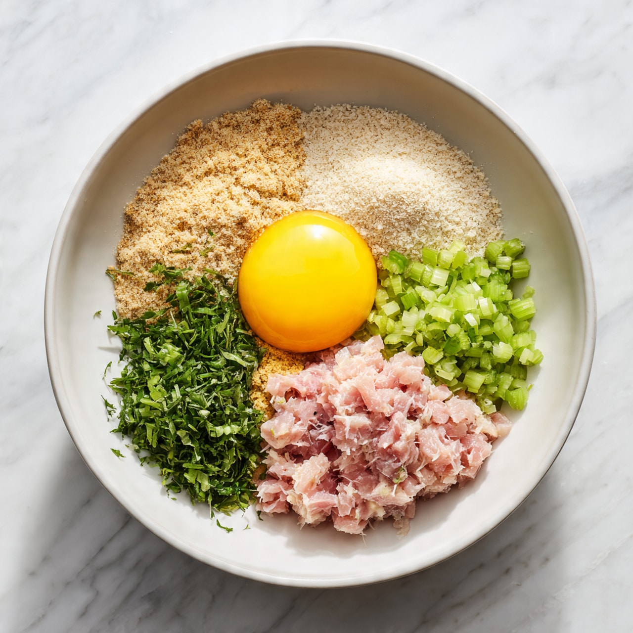 A white bowl sits on a white marbled surface, filled with six separate layers of ingredients. Starting from the top left, there is a whole raw egg with a golden yellow yolk and clear egg white. Next to it on the right is a beige grainy layer of breadcrumbs. To the right bottom of the breadcrumbs is a pile of finely chopped green celery. Beneath the celery is a mound of pinkish light tuna chunks. Below the egg and slightly overlapping the tuna is a small heap of a light brown powder. In the center, between the tuna and celery, there is a small pile of chopped fresh green herbs. The colors include golden yellow, beige, vibrant green, muted pink, and light brown, all contained neatly in the bowl. photo taken with an iphone --ar 4:5 --v 7