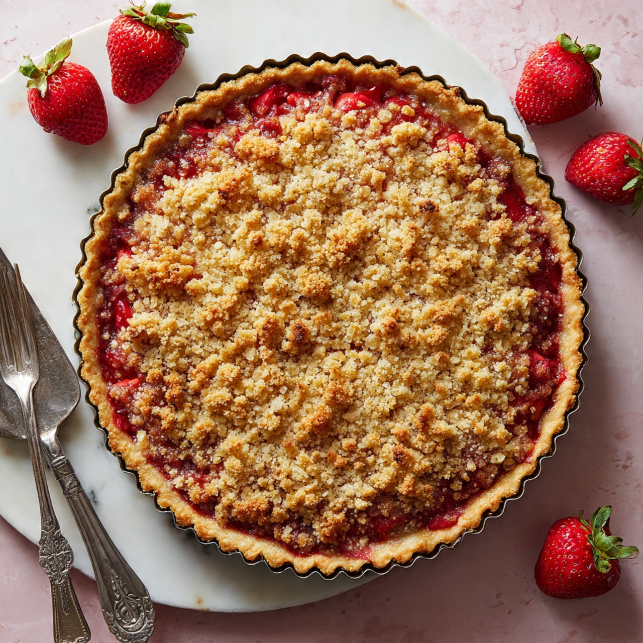 A round tart with a golden brown crust sits in a metal pie pan, with three slices removed and placed on small white plates around it. The tart has a bright red strawberry filling visible under a crumbly golden brown oat topping, creating a textured look with bits of strawberry peeking through. Fresh red strawberries with green tops are scattered on a white marbled surface around the plates. Two silver forks and a silver pie server with ornate handles lie near the plates and tart. The setting is bright with a soft pink background. Photo taken with an iphone --ar 4:5 --v 7
