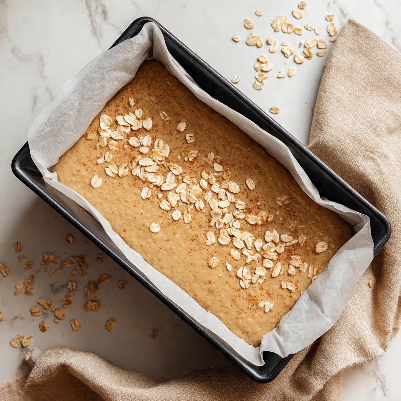 A rectangular black baking pan lined with white parchment paper holds a single layer of light brown batter. The batter has a smooth, slightly thick texture and is topped with scattered light beige rolled oats and a light dusting of cinnamon or brown sugar, adding a bit of texture to the surface. The pan sits on a white marbled surface with a soft beige cloth partially visible in the bottom left corner, while some loose oats are scattered near the top left. Photo taken with an iphone --ar 4:5 --v 7