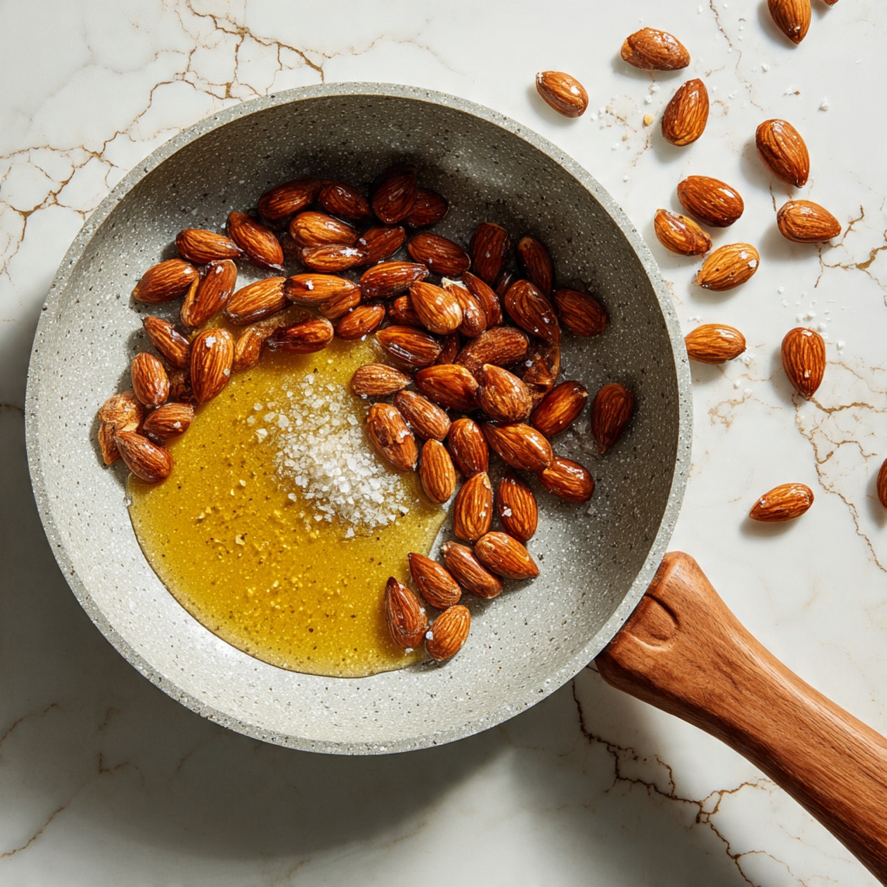 A close-up top view of a light gray speckled pan with a wooden handle, filled with whole brown almonds spread mostly around the edges, with a pool of golden honey and a sprinkle of salt in the center. The pan rests on a white marbled surface with faint gray cracks, adding a rustic touch to the scene. photo taken with an iphone --ar 4:5 --v 7