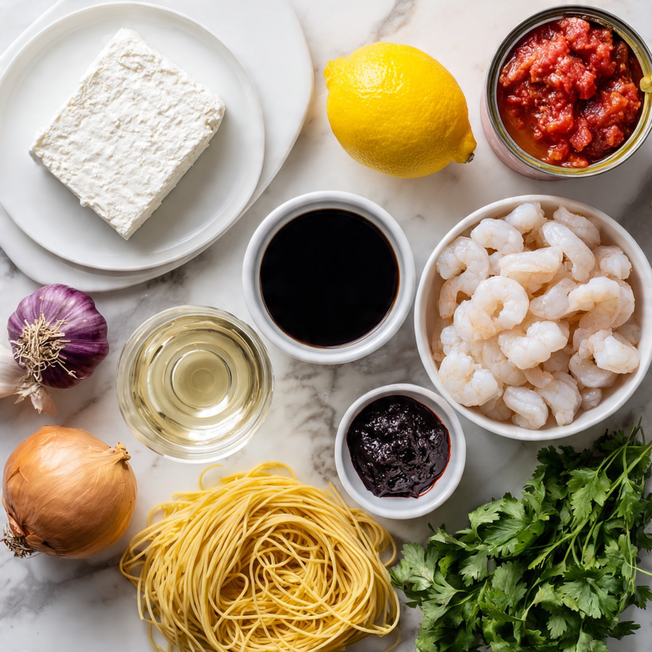 The image shows a round blue pan filled with a thick red tomato sauce with small pieces of onions and garlic spread evenly inside. Above and to the left, a white colander holds cooked spaghetti noodles that are pale yellow and smooth. To the right, there are four small white bowls arranged vertically: the top bowl has red chili oil with visible chili flakes, the next bowl contains finely grated yellow lemon zest, below it is half a yellow lemon, and the last bowl holds peeled, raw white shrimp. At the bottom right corner, there is a small bunch of fresh green parsley on a white marbled surface. Photo taken with an iphone --ar 4:5 --v 7
