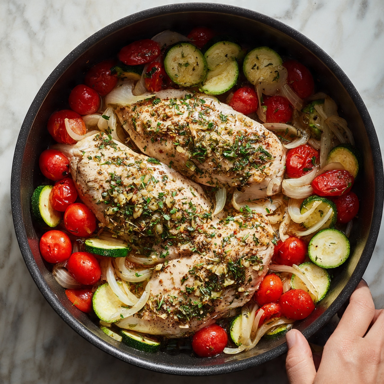 A close-up top view of a black cooking pot filled with two large pale beige chicken pieces seasoned with green herbs and garlic on top, resting over a colorful bed of fresh vegetables. The vegetable base has three layers: glossy red cherry tomatoes, white onion slices, and round green zucchini slices, all slightly shiny as if dressed with oil. The pot sits on a white marbled surface, and a woman's hand is seen touching the edge of the pot. The overall image is bright with natural light highlighting the fresh ingredients and the texture of the chicken. photo taken with an iphone --ar 4:5 --v 7