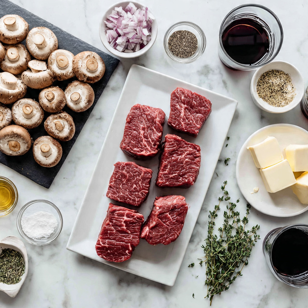 The image shows four thick raw red meat pieces arranged neatly on a white rectangular plate placed on a white marbled surface. Above the plate, there is a black cutting board filled with sliced brown and white mushrooms. To the left of the mushrooms, a small white bowl contains finely chopped red onions. Various small glass bowls hold ground black pepper, dried herbs, and a white powder substance. Two small white round plates each hold a block of butter. Several sprigs of fresh green thyme lie to the right of the meat plate. There are three glasses filled with red wine or a dark beverage placed around the setup. The whole scene is set on a white marbled surface. photo taken with an iphone --ar 4:5 --v 7