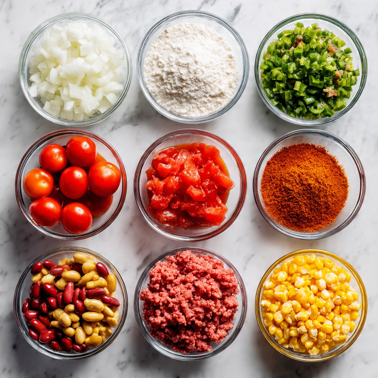 The image shows ten clear glass bowls arranged on a white marbled surface. The top row has three bowls: white diced onions on the right, an orange reddish powdered spice in the middle, and a white flour mixture on the left. Below them are two bowls with green chopped vegetables on the left and diced red tomatoes with a bit of green on the right. In the next row are two bowls: one with whole red tomatoes in juice on the left, and another with red diced tomatoes in juice on the right. The last row has three bowls: ground red and pink meat mixed together on the left, a mix of red and beige beans on the right, and yellow corn kernels in the middle above the beans and meat. Photo taken with an iphone --ar 4:5 --v 7
