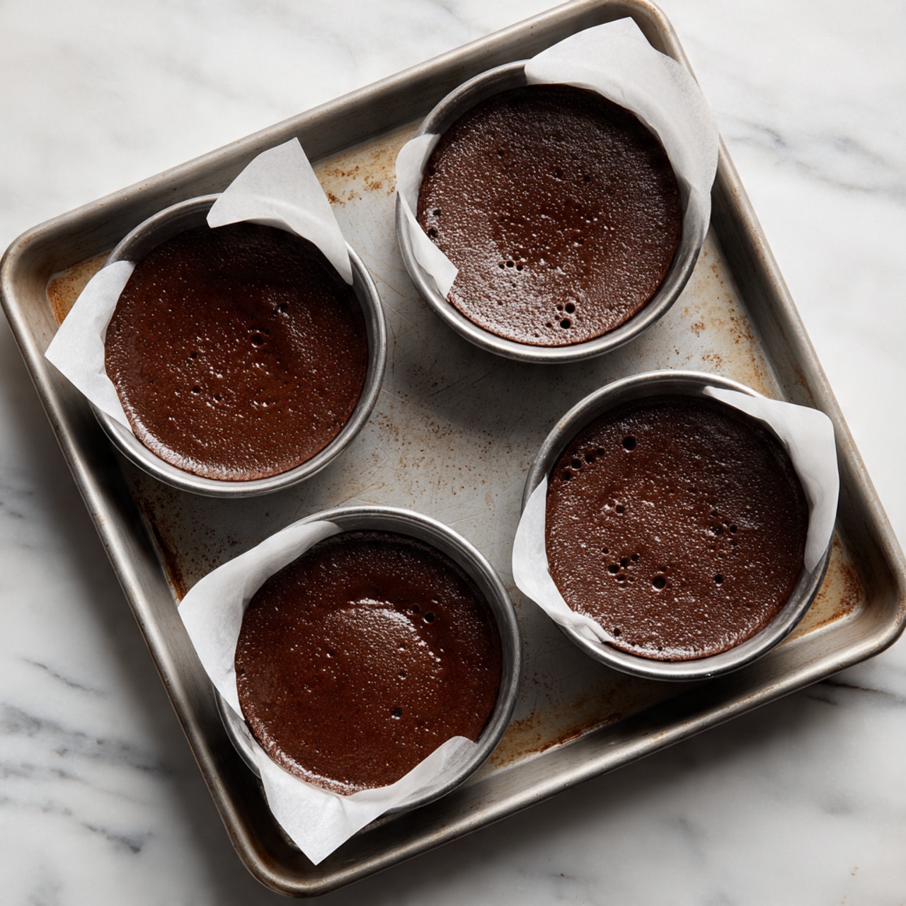 Four round metal baking molds filled with smooth, dark brown chocolate batter are placed on a gray baking tray. Each mold is lined with white parchment paper around the edges. The batter surface varies slightly between the molds, with two appearing smooth and slightly shiny, and the other two showing airy bubbles and a matte texture. The baking tray has worn spots and a metallic finish, resting on a white marbled surface. photo taken with an iphone --ar 4:5 --v 7