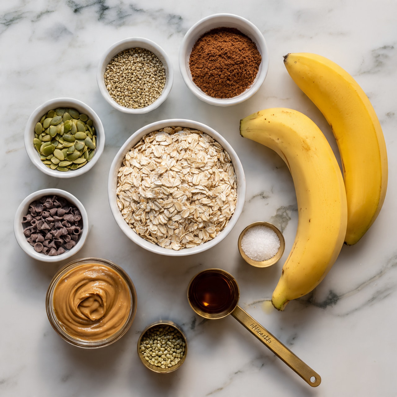 The image shows a flat lay of various baking ingredients arranged neatly on a white marbled surface. In the center, there is a white bowl filled with light beige rolled oats. Surrounding it are smaller white bowls containing different textures and colors: green pumpkin seeds, light beige hemp seeds, brown cocoa powder, dark chocolate chips, and a small amount of white coconut oil. A white bowl holds sunflower seeds with a light tan color. Two bright yellow bananas with a few dark spots lie to the right side. A brass measuring cup holds smooth, light brown peanut butter, while a tiny brass measuring spoon contains dark vanilla extract. photo taken with an iphone --ar 4:5 --v 7