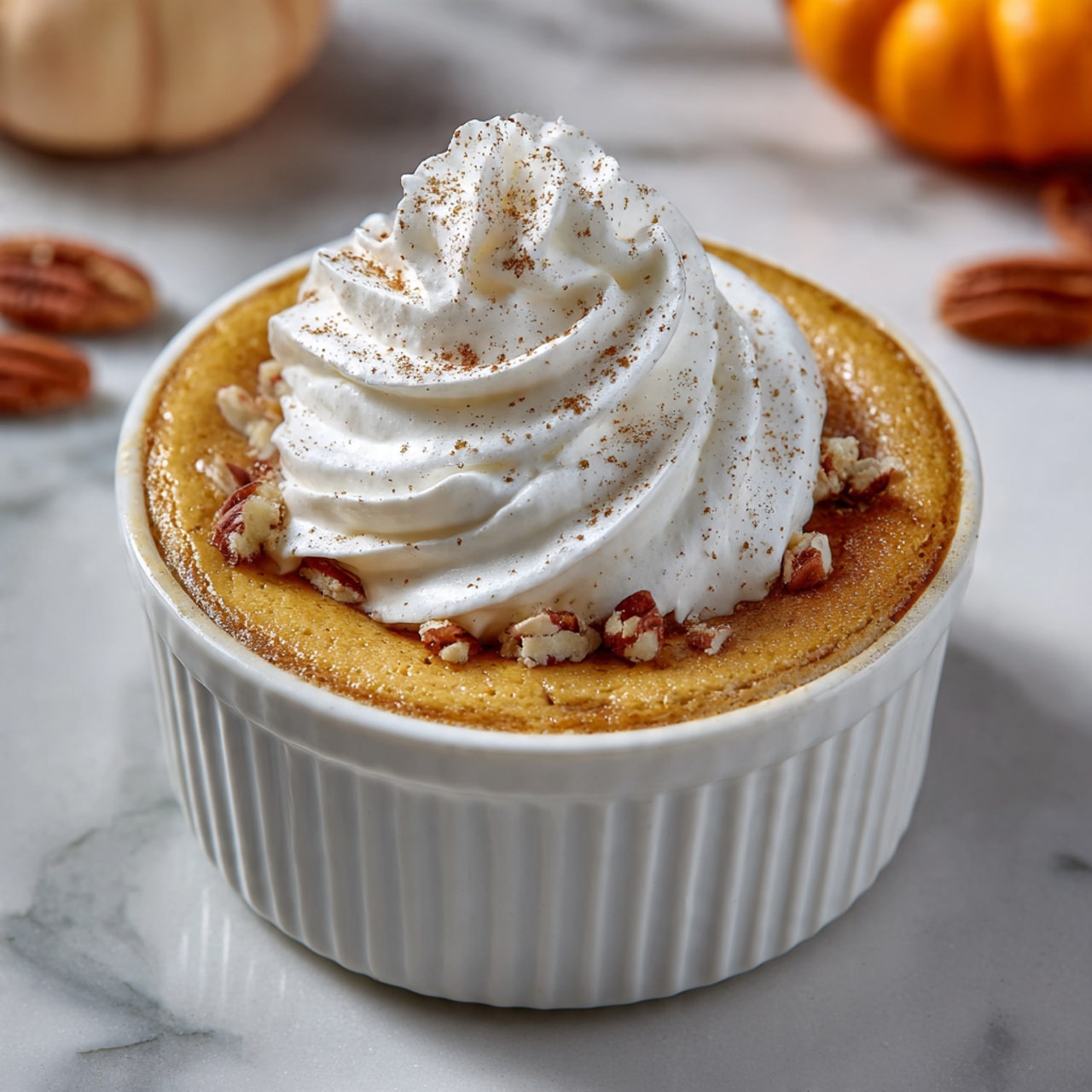 The image shows a single white ramekin filled with a smooth, golden-brown baked dessert that looks soft and moist. On top, there is a swirl of white whipped cream with light specks of cinnamon or nutmeg sprinkled over it. Around the edges of the dessert, small chopped pecan pieces are scattered, adding texture and a darker brown color contrast. The ramekin sits on a white marbled surface with a small pumpkin and some pecan pieces visible in the blurred background. photo taken with an iphone --ar 4:5 --v 7