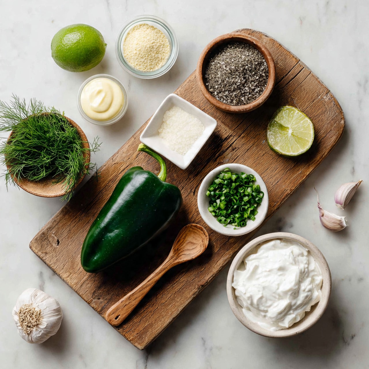 A wooden cutting board sits on a white marbled surface, holding a dark green poblano pepper near the center right. To its left is a small clear glass container with lime juice and half a bright green lime next to it. Above these on the board, a small square white dish holds light yellow onion powder, next to a small round wooden bowl filled with white salt and a wooden spoon. On the board’s top left, a small round white dish contains light yellow mayo, and near it on the white marbled background, there is a small round wooden bowl filled with coarse black pepper with a wooden spoon resting inside. At the bottom left on the white marbled surface are two small round dishes, one white holding fresh bright green dill with feathery leaves, and one pale pink dish filled with chopped dark green chives. On the bottom right, a white bowl holds thick creamy white Greek yogurt. A single clove of garlic lies on the white marbled surface near the cutting board. The scene is simple and clean with soft lighting. photo taken with an iphone --ar 4:5 --v 7