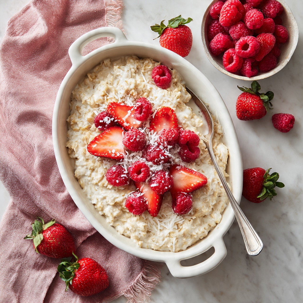 A white oval dish filled with creamy beige oatmeal that has a rough texture, topped in the center with a cluster of bright red strawberries sliced in half, whole red raspberries, and some white coconut flakes scattered around the berries. There is a silver spoon resting inside the dish on the right side, partially dipped in the oatmeal. The dish is placed on a white marbled surface with some fresh strawberries and a bowl of raspberries nearby, accompanied by a soft pink cloth with fringe on the left side. photo taken with an iphone --ar 4:5 --v 7