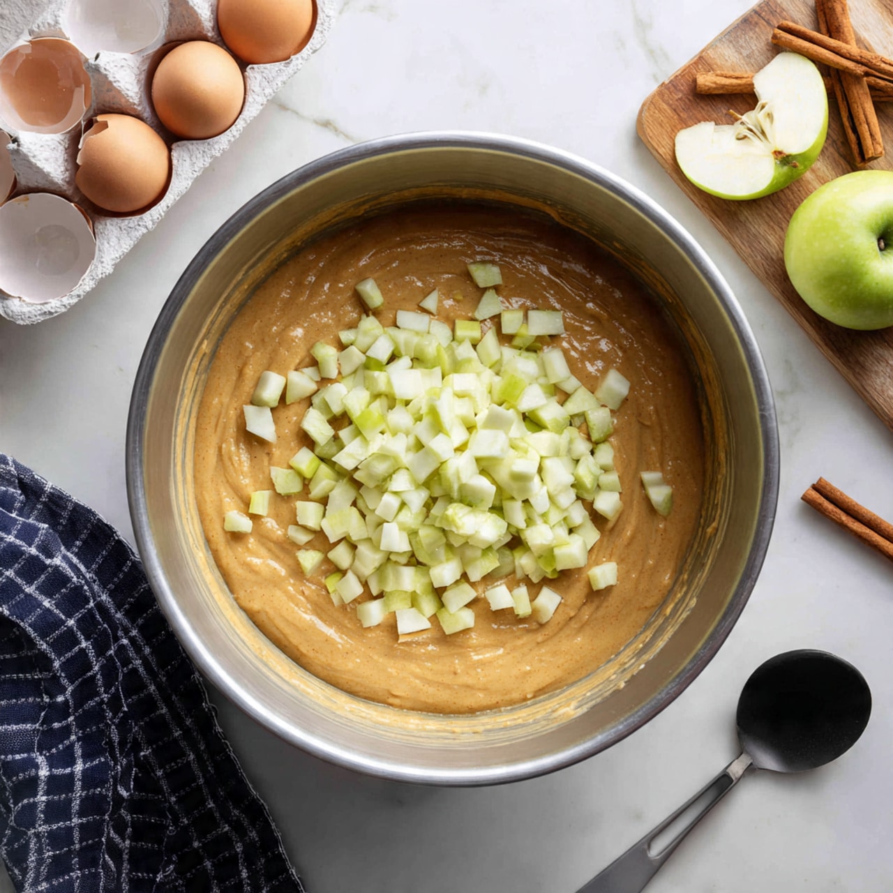 A metal mixing bowl is filled with a smooth, thick light brown batter layer, topped with a generous pile of small, diced pale yellow-green apple pieces in the center. Around the bowl are a few cracked eggshells resting in a white carton on a white marbled surface, with two cinnamon sticks and a green apple cut in half on a wooden board nearby. A black spoon and a dark blue and white checkered cloth are placed next to the bowl. The scene is bright and clean, focusing on the bowl full of batter and apple bits photo taken with an iphone --ar 4:5 --v 7