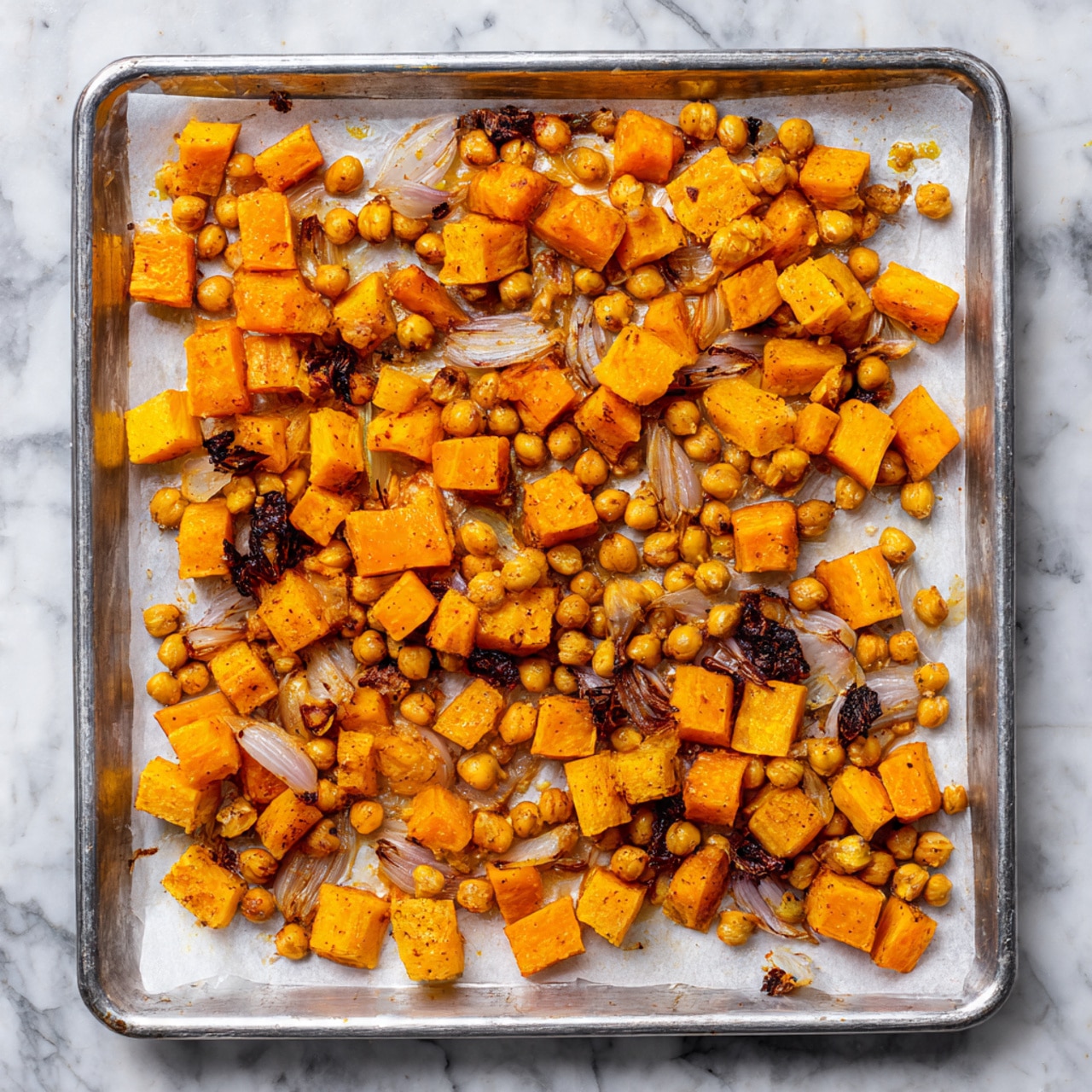 The image shows a large metal baking tray lined with white parchment paper covered with roasted cubed orange squash, small round chickpeas, and dark brown cooked onion slices scattered evenly across the surface. The squash cubes are soft with a slightly crispy edge, the chickpeas are golden, and the onions have a charred, wrinkled texture, adding contrast among the bright orange and yellow tones. The tray is placed on a white marbled surface. photo taken with an iphone --ar 4:5 --v 7
