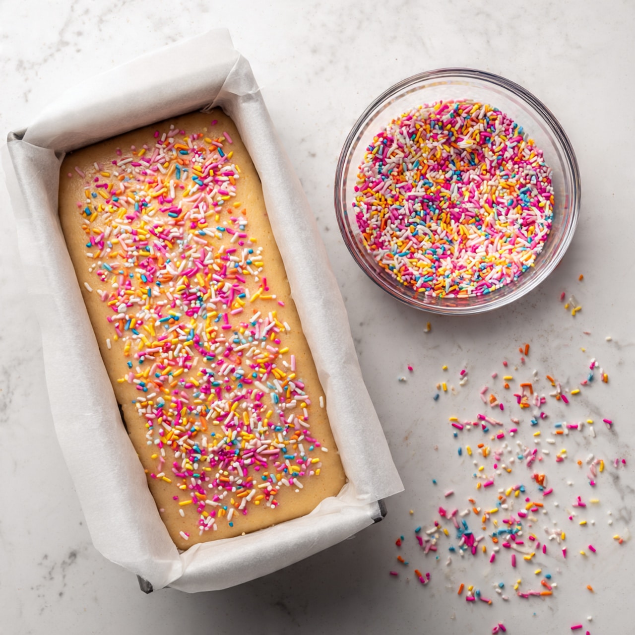 The image shows a rectangular cake batter in a baking pan lined with white parchment paper, the batter is light brown and covered fully with colorful rainbow sprinkles in pink, yellow, white, orange, and purple. Next to the pan, on a white marbled surface, there is a clear round bowl filled with the same rainbow sprinkles, with some sprinkles scattered around it. The overall scene is bright and clean, with the focus on the textured sprinkles and soft batter, photo taken with an iphone --ar 4:5 --v 7