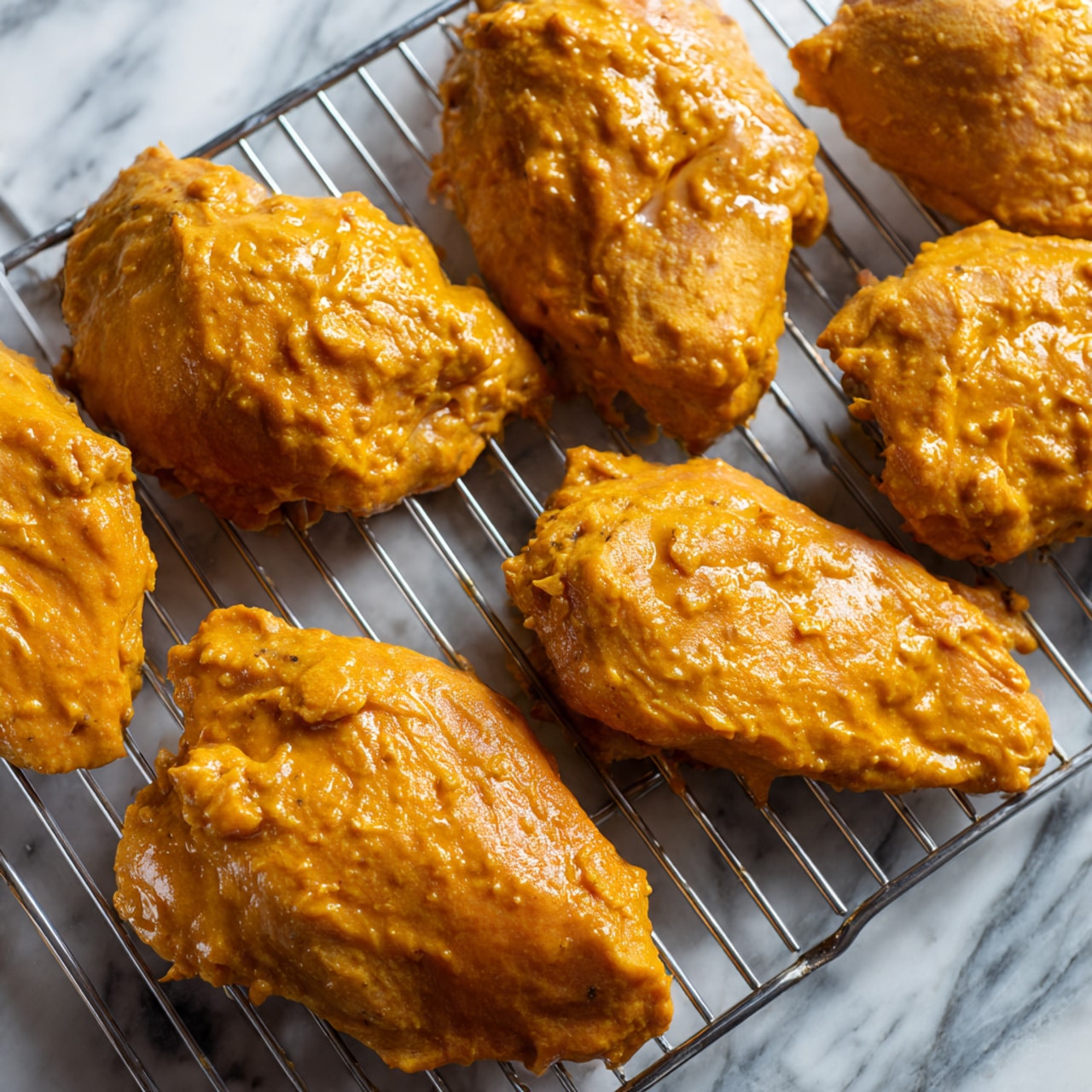 The image shows a close-up of six pieces of raw chicken covered in a thick, orange-colored batter with a rough and uneven texture. The chicken pieces are placed on a metal cooling rack with thin grid lines. The chicken pieces vary in size and shape, with the batter coating appearing thick and slightly bumpy, showing some lumps. The background surface beneath the rack is replaced with a white marbled texture. The lighting highlights the glossy, wet look of the batter. photo taken with an iphone --ar 4:5 --v 7