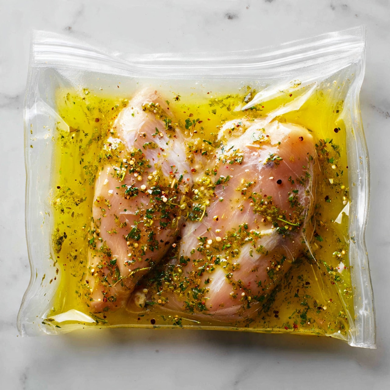 The image shows a clear resealable plastic bag filled with two pieces of raw chicken soaking in a yellow-green marinade with visible herbs and spices. The chicken is light pink, slightly wet from the sauce, and the marinade has small black pepper flakes and green seasonings spread evenly throughout. The bag lies flat against a white marbled surface, with the marinade liquid surrounding the chicken, making the bag slightly wrinkled and shiny. photo taken with an iphone --ar 4:5 --v 7