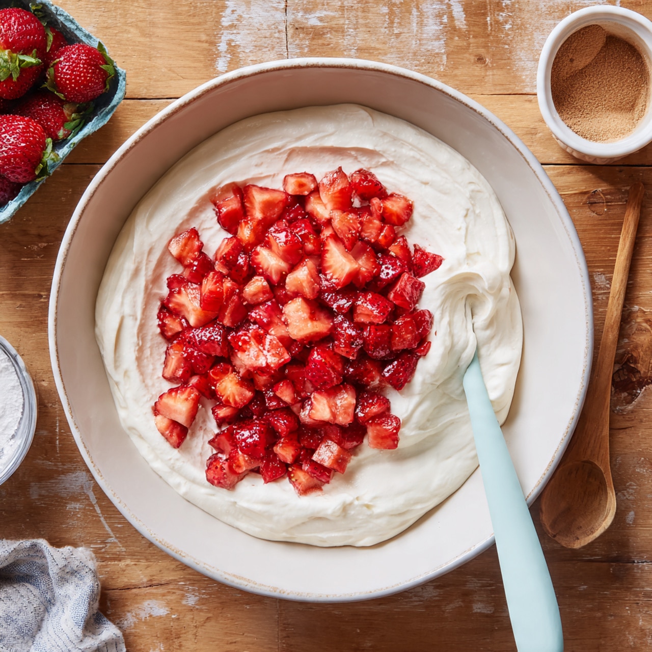 The image shows a close-up of a stack of three golden-brown crepes folded into triangles. Each layer reveals a filling of white cream mixed with small red strawberry pieces inside, and the top crepe is covered with bright red strawberry slices and a shiny strawberry sauce dripping slightly down the sides. The crepes have light brown spots showing their cooked texture, and the sauce gives a glossy finish, making the strawberries look fresh and juicy. The whole stack sits on a wooden surface with a blurred white marbled background. Photo taken with an iphone --ar 4:5 --v 7