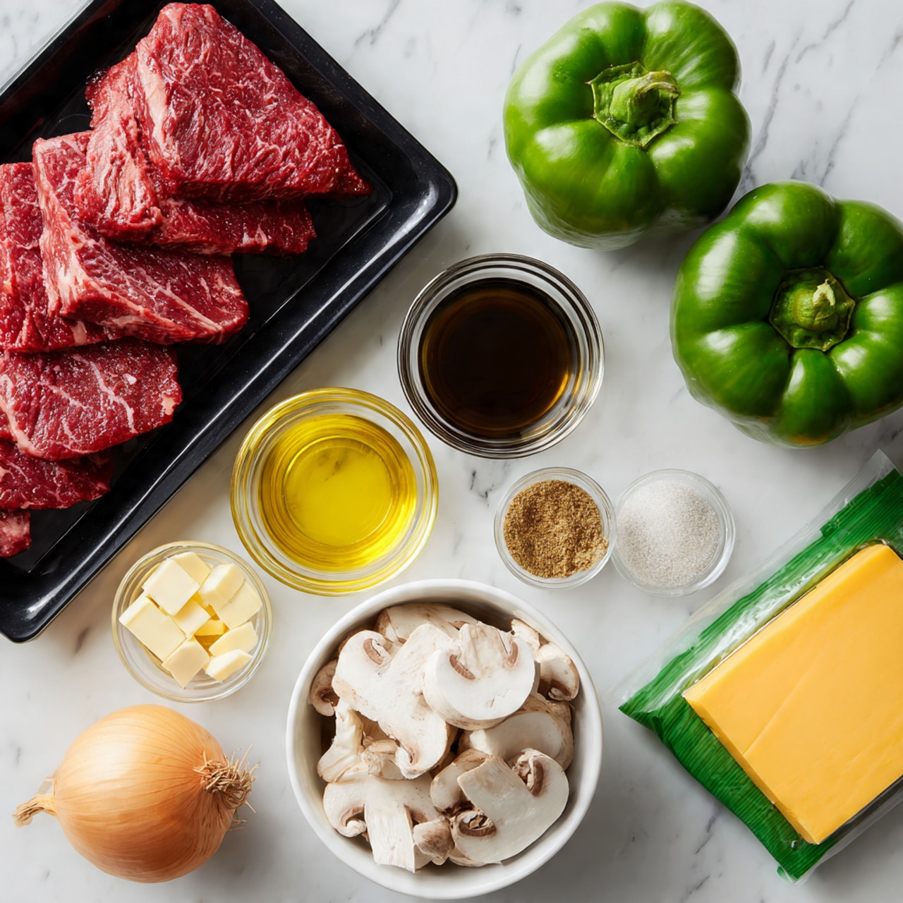 A top-down view of various fresh ingredients arranged on a white marbled surface. In the top left corner, there is a black plastic tray with thin slices of raw beef steak, showing a deep red color with white marbled fat. To the right of the tray, there are two whole green bell peppers with a shiny, smooth texture. Below the steak tray, small glass bowls hold golden olive oil, dark soy sauce, light brown garlic powder, yellow butter cubes, and two small piles of black pepper and salt. A white bowl full of fresh, thinly sliced mushrooms with cream and brown colors is placed near the middle right. Near the bottom left, there is a whole yellow onion with a papery skin. Finally, a bright green package of sliced provolone cheese lies flat on the right side. The wood grain underneath details are not visible because of the white marbled surface. photo taken with an iphone --ar 4:5 --v 7